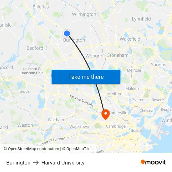 Burlington to Harvard University map