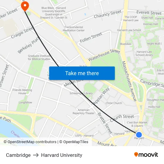 Cambridge to Harvard University map