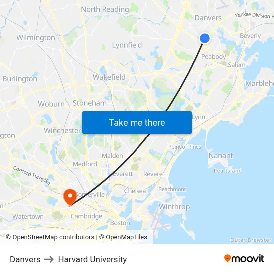Danvers to Harvard University map