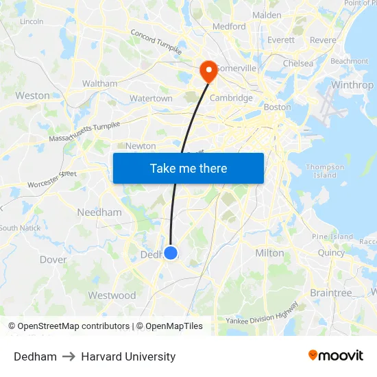 Dedham to Harvard University map