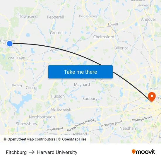 Fitchburg to Harvard University map