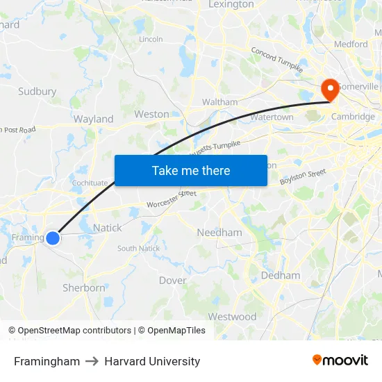 Framingham to Harvard University map