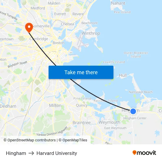 Hingham to Harvard University map