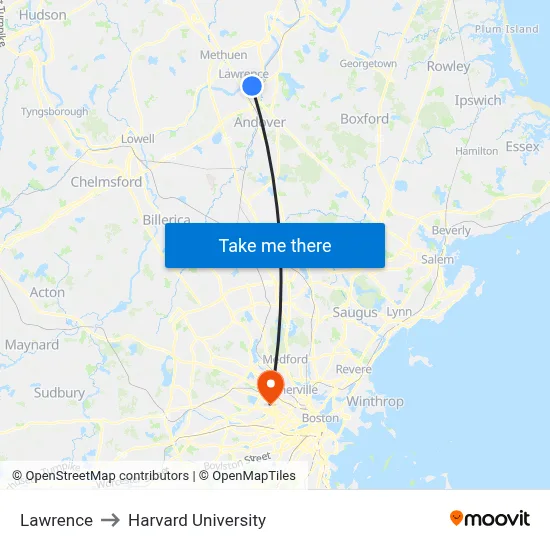 Lawrence to Harvard University map