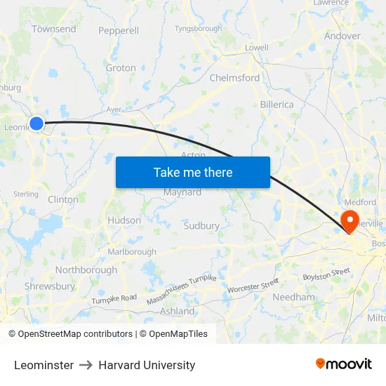 Leominster to Harvard University map