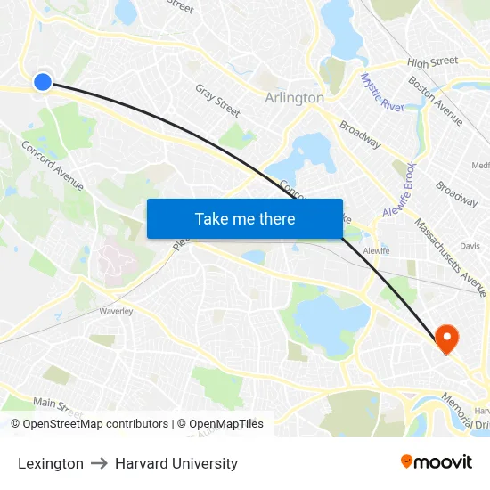 Lexington to Harvard University map