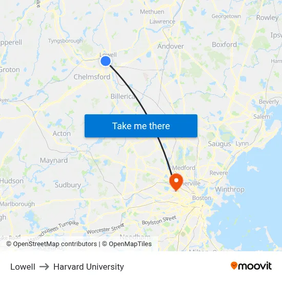 Lowell to Harvard University map