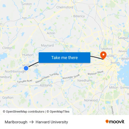 Marlborough to Harvard University map