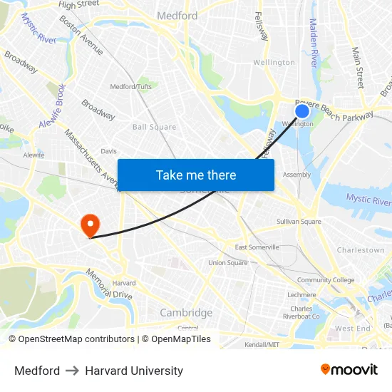 Medford to Harvard University map