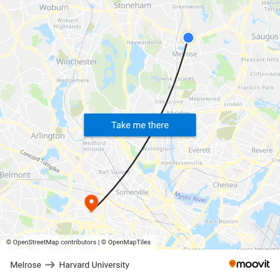 Melrose to Harvard University map