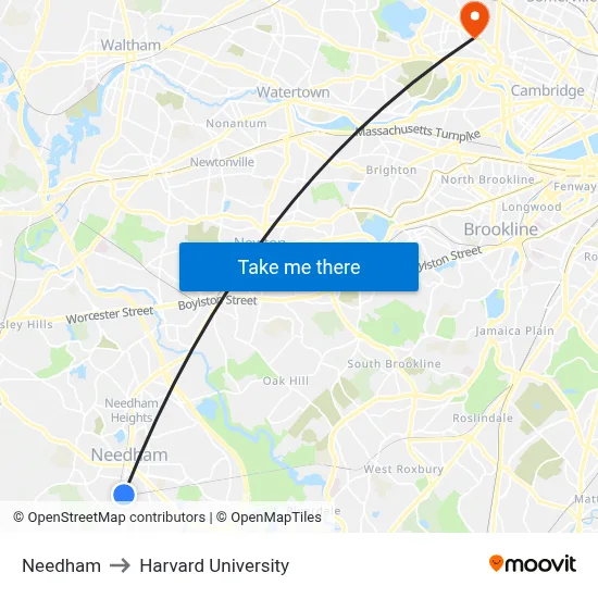 Needham to Harvard University map
