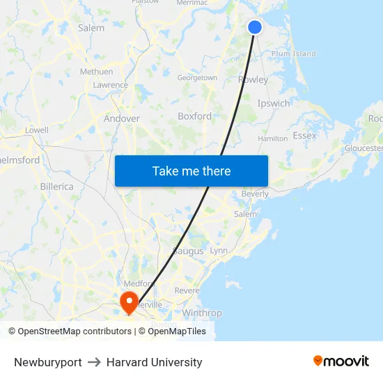 Newburyport to Harvard University map