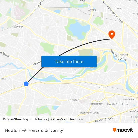 Newton to Harvard University map