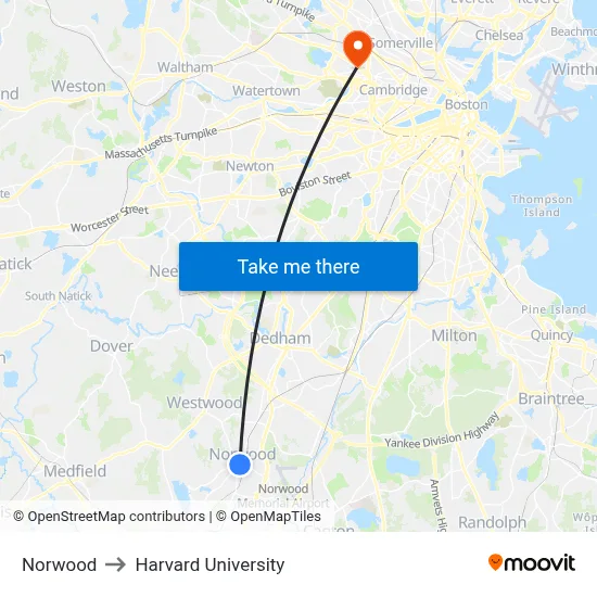 Norwood to Harvard University map
