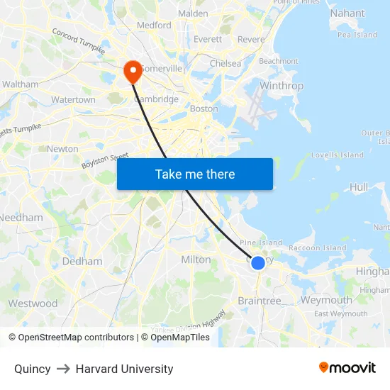 Quincy to Harvard University map