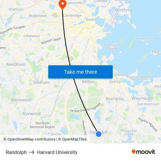 Randolph to Harvard University map
