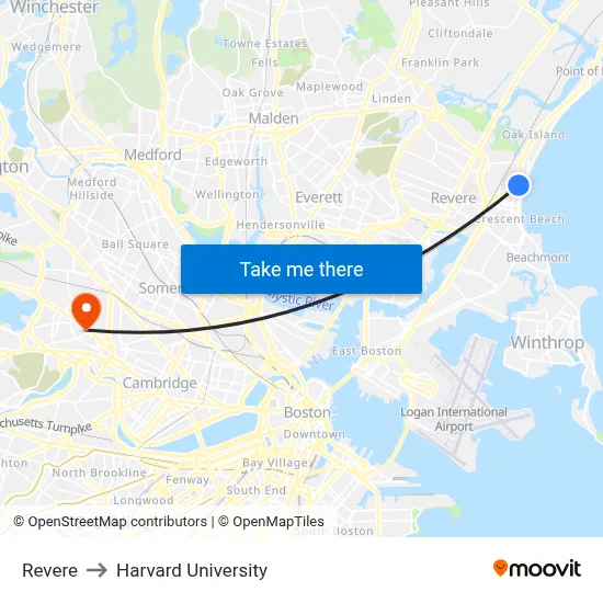 Revere to Harvard University map