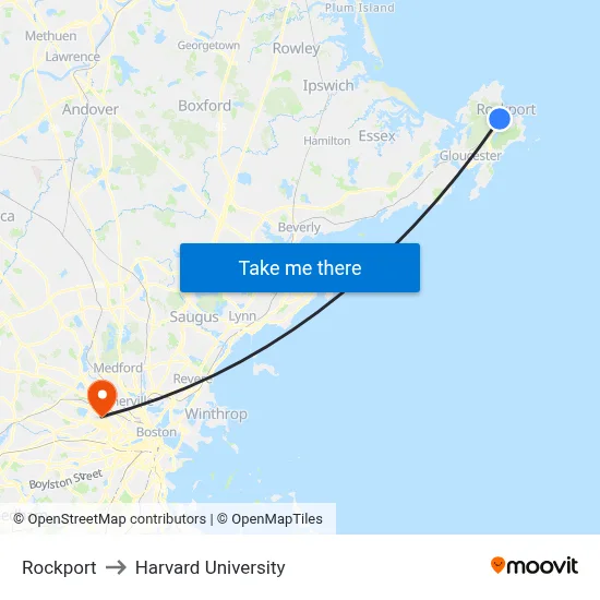 Rockport to Harvard University map