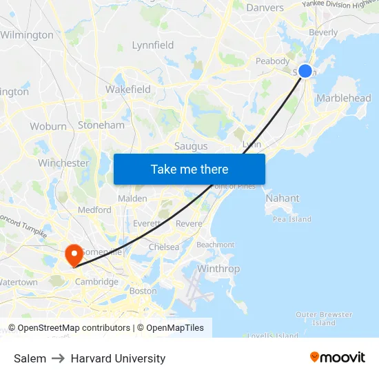 Salem to Harvard University map