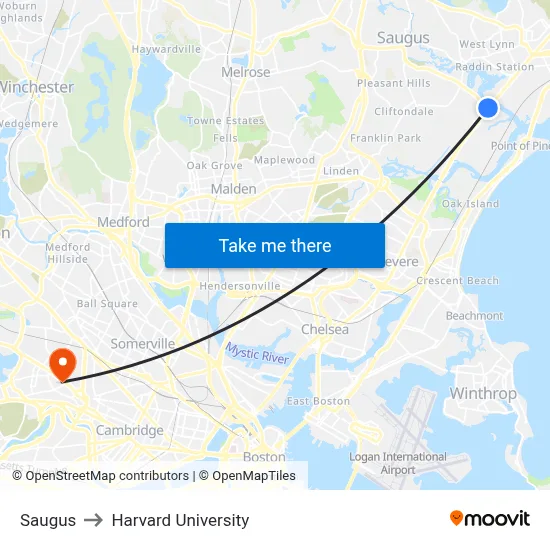 Saugus to Harvard University map