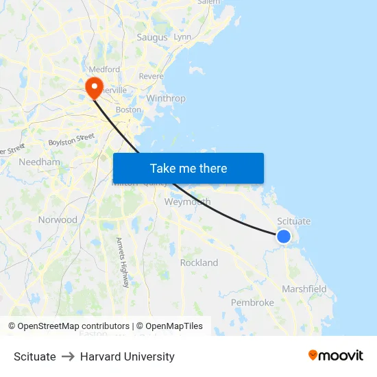 Scituate to Harvard University map
