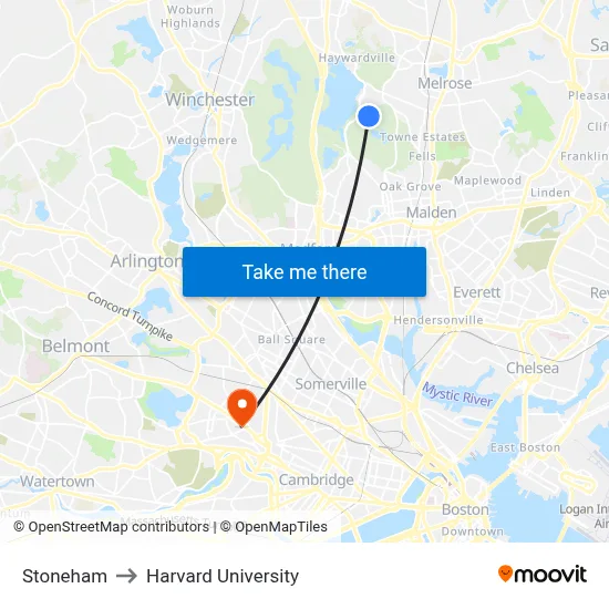 Stoneham to Harvard University map