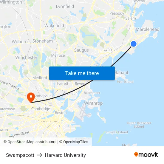 Swampscott to Harvard University map