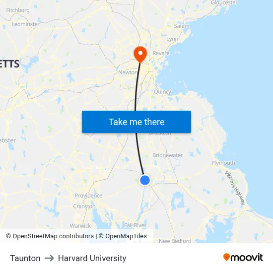 Taunton to Harvard University map