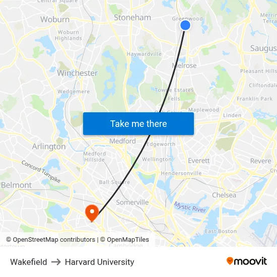 Wakefield to Harvard University map