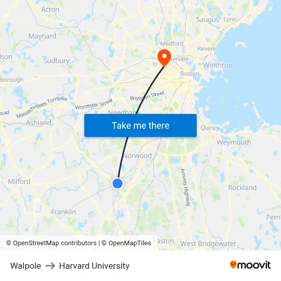 Walpole to Harvard University map
