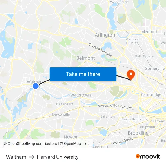 Waltham to Harvard University map