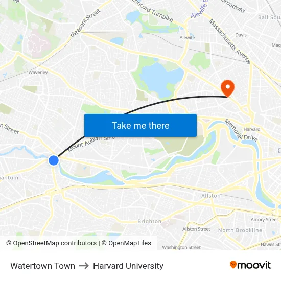 Watertown Town to Harvard University map