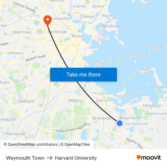 Weymouth Town to Harvard University map