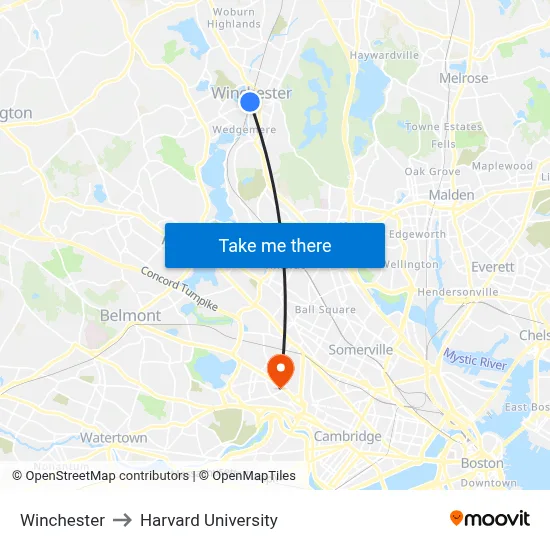 Winchester to Harvard University map
