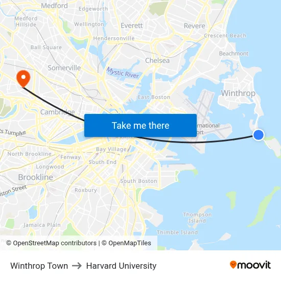 Winthrop Town to Harvard University map