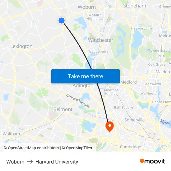 Woburn to Harvard University map