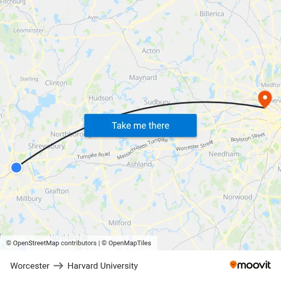 Worcester to Harvard University map