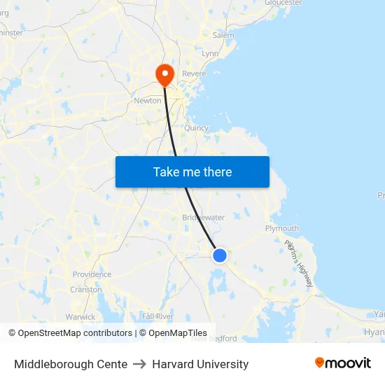 Middleborough Cente to Harvard University map