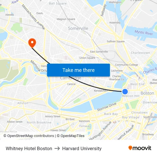 Whitney Hotel Boston to Harvard University map