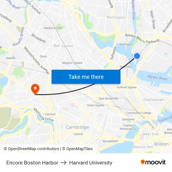 Encore Boston Harbor to Harvard University map
