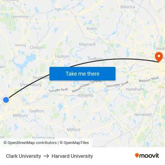 Clark University to Harvard University map