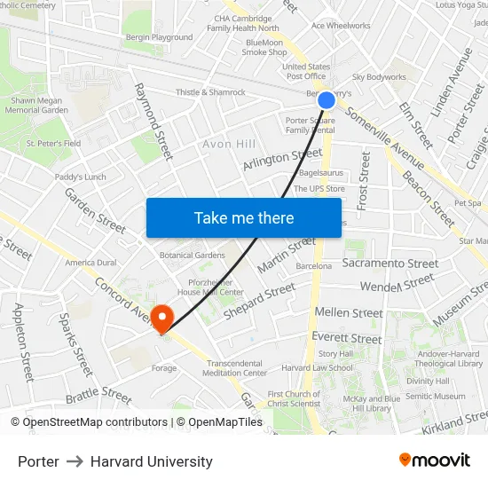 Porter to Harvard University map