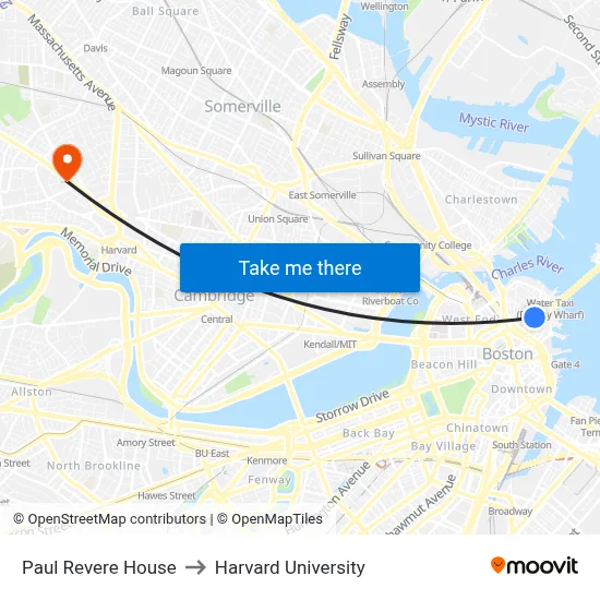 Paul Revere House to Harvard University map