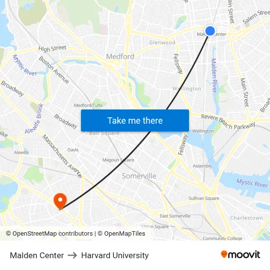 Malden Center to Harvard University map
