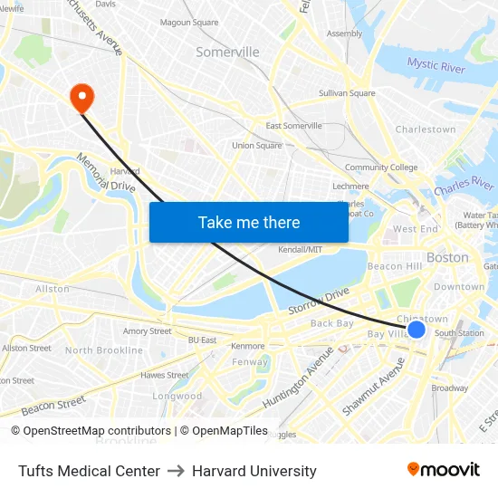 Tufts Medical Center to Harvard University map