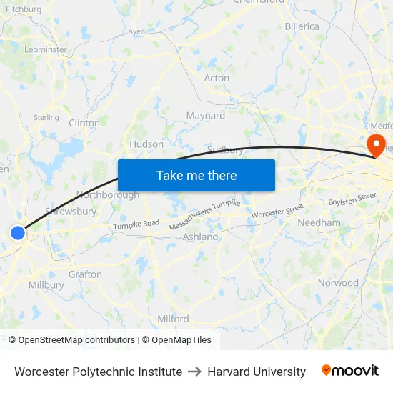 Worcester Polytechnic Institute to Harvard University map