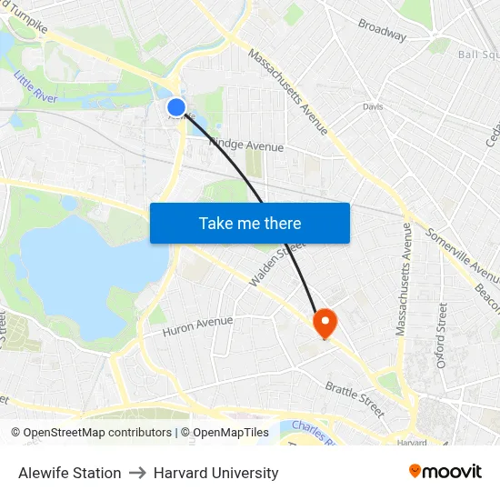 Alewife Station to Harvard University map