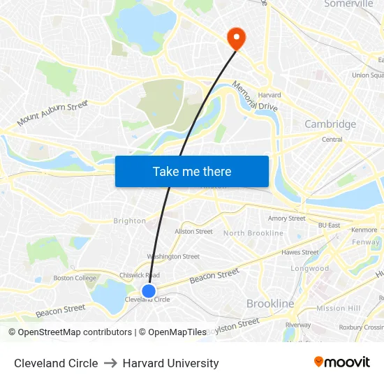 Cleveland Circle to Harvard University map