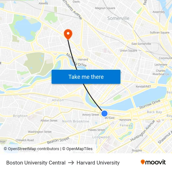 Boston University Central to Harvard University map