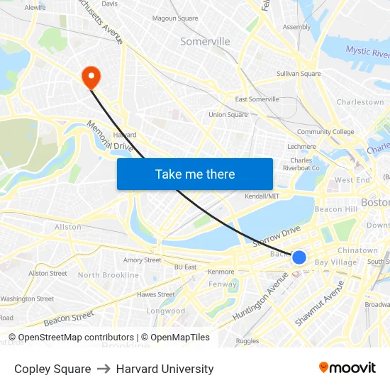 Copley Square to Harvard University map